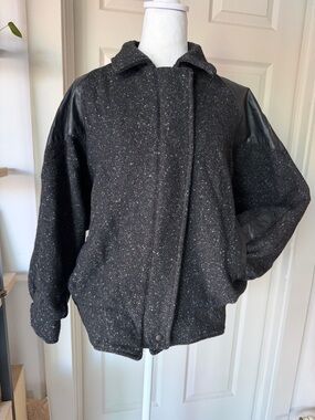 Vintage 90s Wool Leather Bomber Jacket Oversized David Benjamin Black Speckled